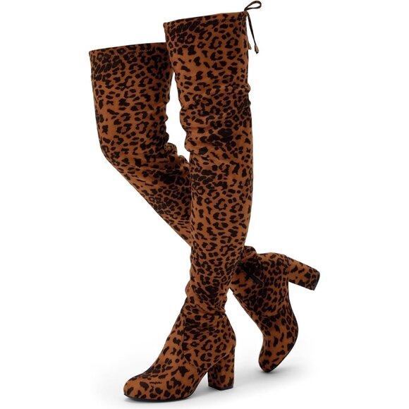 Women's Leopard Suede Inner Zipper Thigh High Over The Knee High Heel Boots - Picture 1 of 7